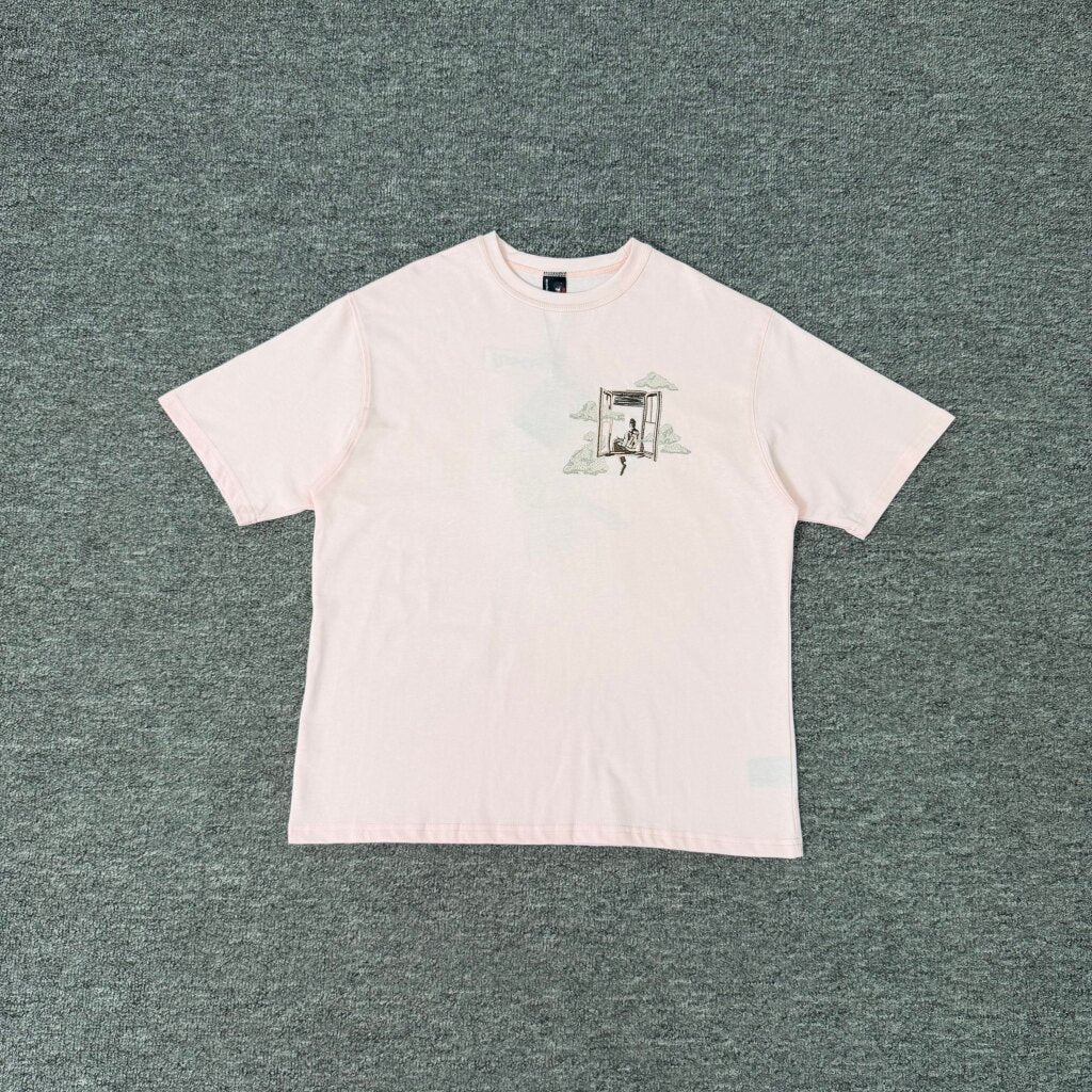 Derschutze Light Pink Surreal Sky‑Door Figure Back‑Print Graphic Tee
