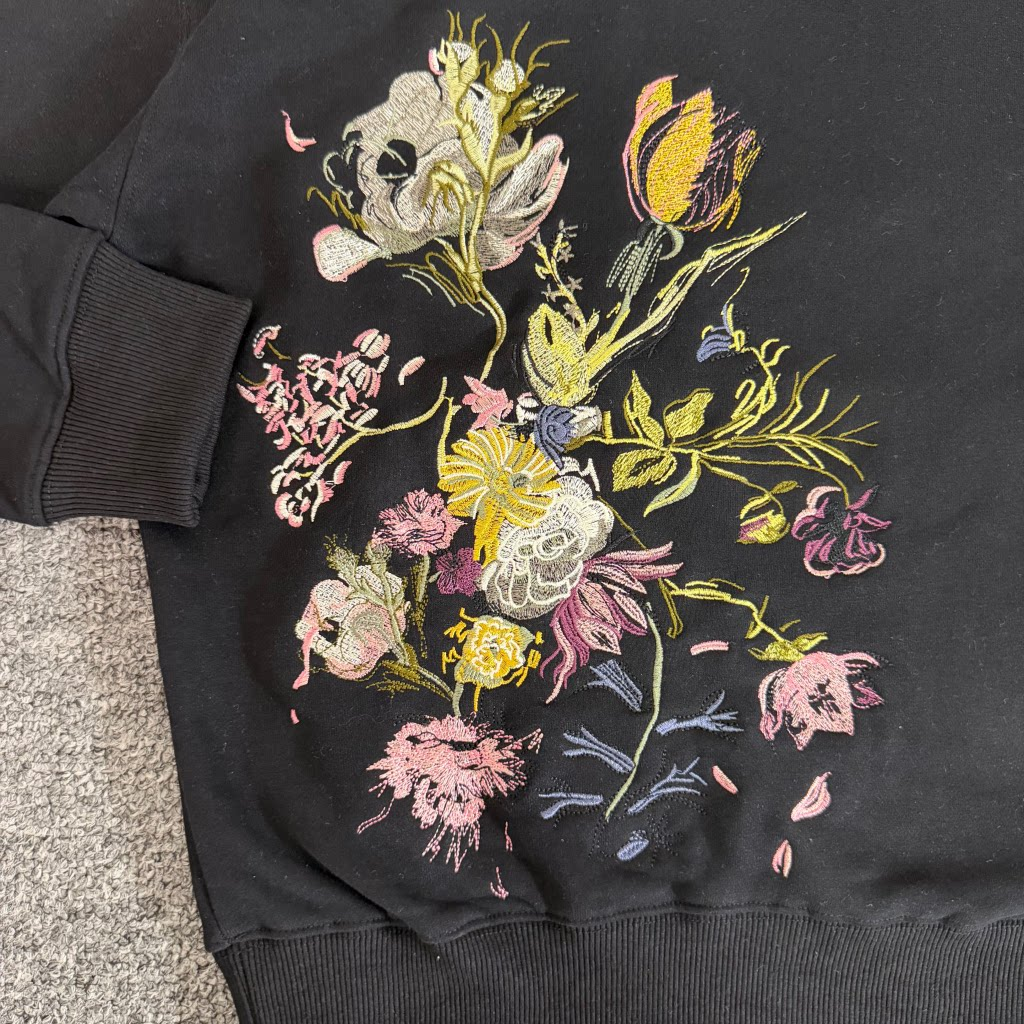 Derschutze Black Pullover Hoodie Multi‑Color Botanical Floral Back Embroidery