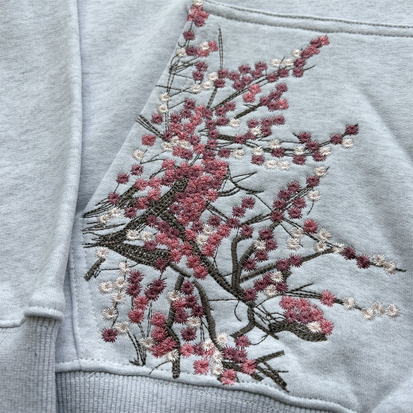 Derschutze Heather Grey Cropped Hoodie & Jogger Set Cherry‑Blossom Embroidery