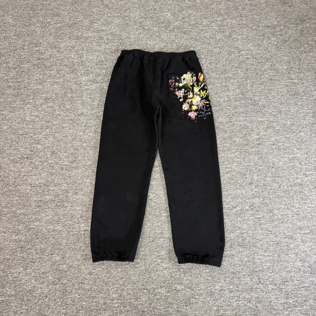 Derschutze Black Jogger Pants Multi‑Color Botanical Floral Back‑Pocket Embroidery